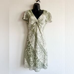 Vintage Sage Green Paisley Flutter Sleeve Midi Dress Size 10 Cottagecore Boho